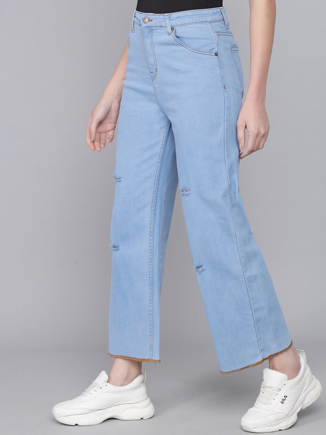 Kotty Women Turquoise Blue Flared High-Rise Slash Knee Jeans