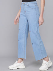 Kotty Women Turquoise Blue Flared High-Rise Slash Knee Jeans