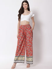 Kotty Women Red Ethnic Motifs Printed Relaxed Flared High-Rise Easy Wash Trousers