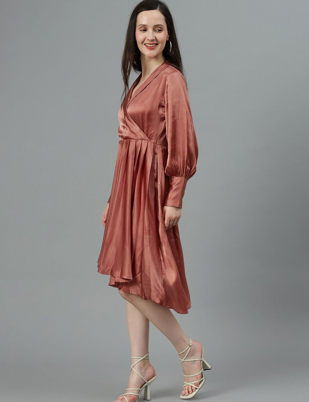 Kotty Copper Toned V Neck Bishop Sleeves Satin Pleated Fit & Flare Dress