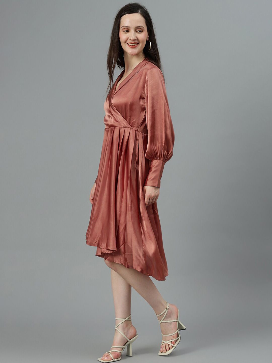 Kotty Copper Toned V Neck Bishop Sleeves Satin Pleated Fit & Flare Dress