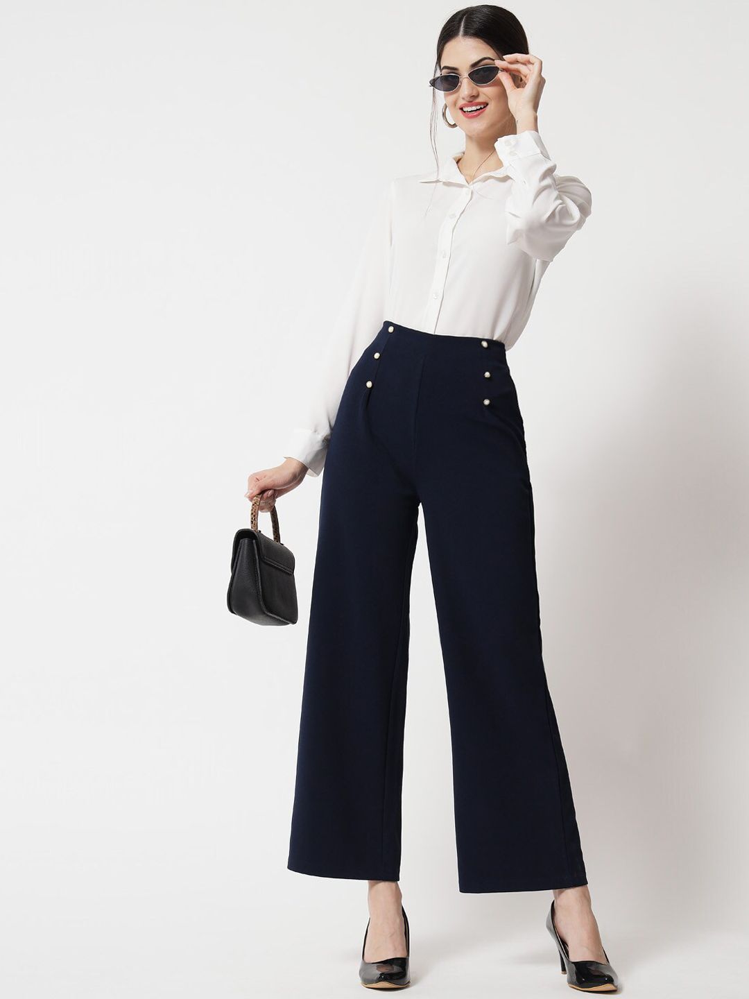 Kotty Women Navy Blue Relaxed Straight Fit High-Rise Easy Wash Trousers