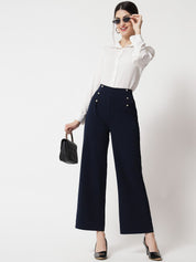 Kotty Women Navy Blue Relaxed Straight Fit High-Rise Easy Wash Trousers