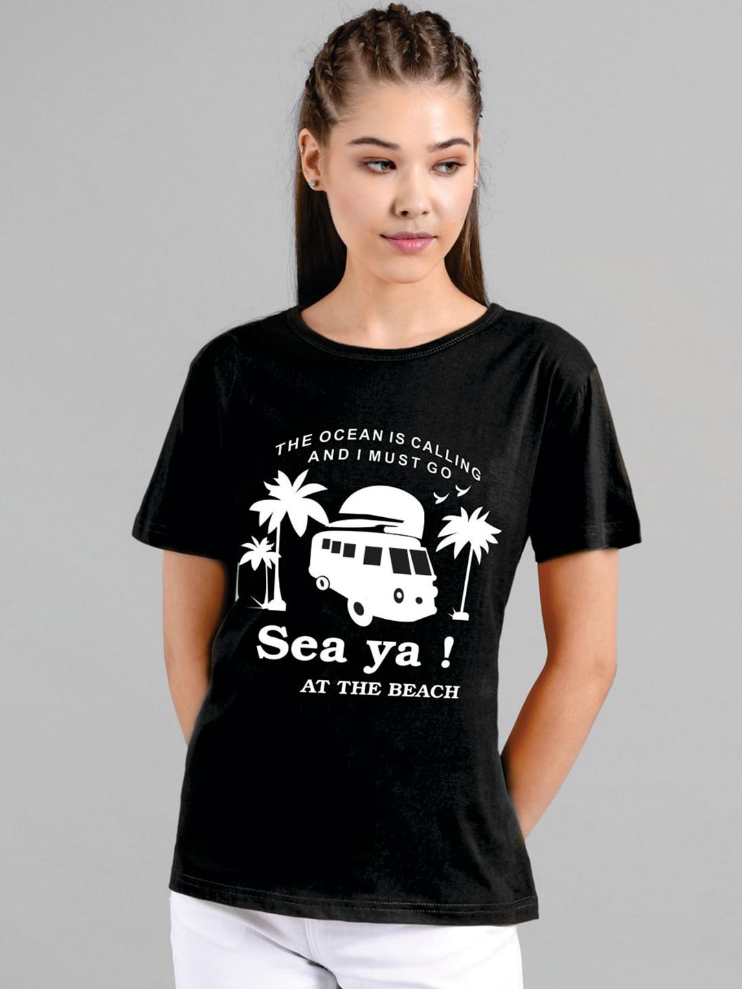 Kotty Women Black Printed Round Neck T-shirt