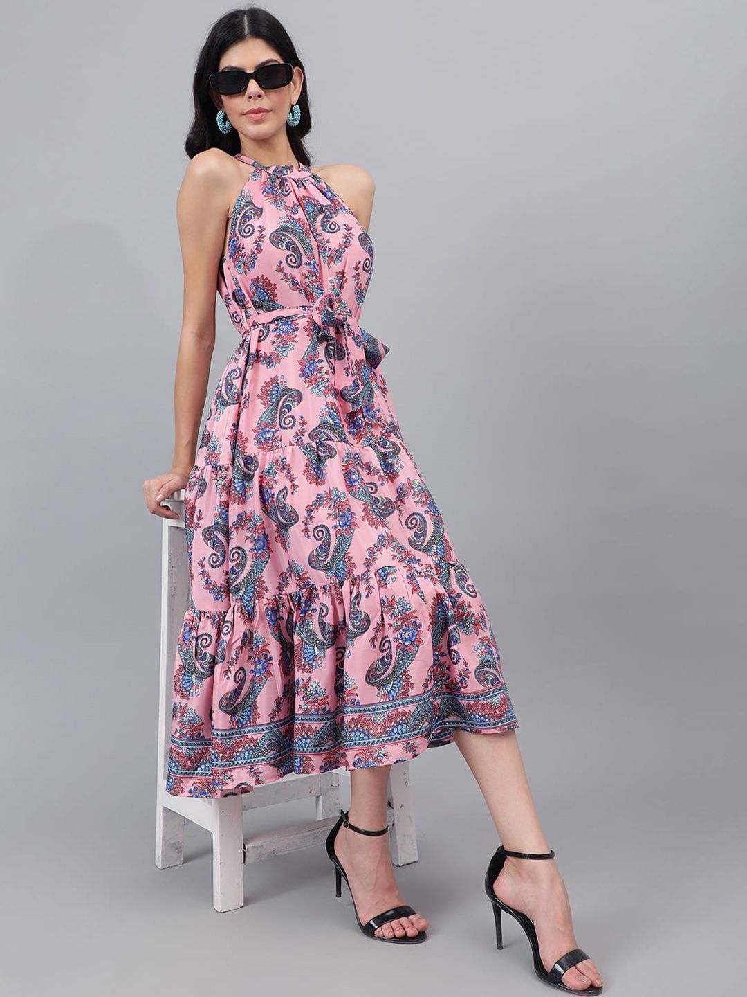 Kotty Pink And Blue Paisley Printed Choker Neck Tiered Fit & Flare Midi Dress