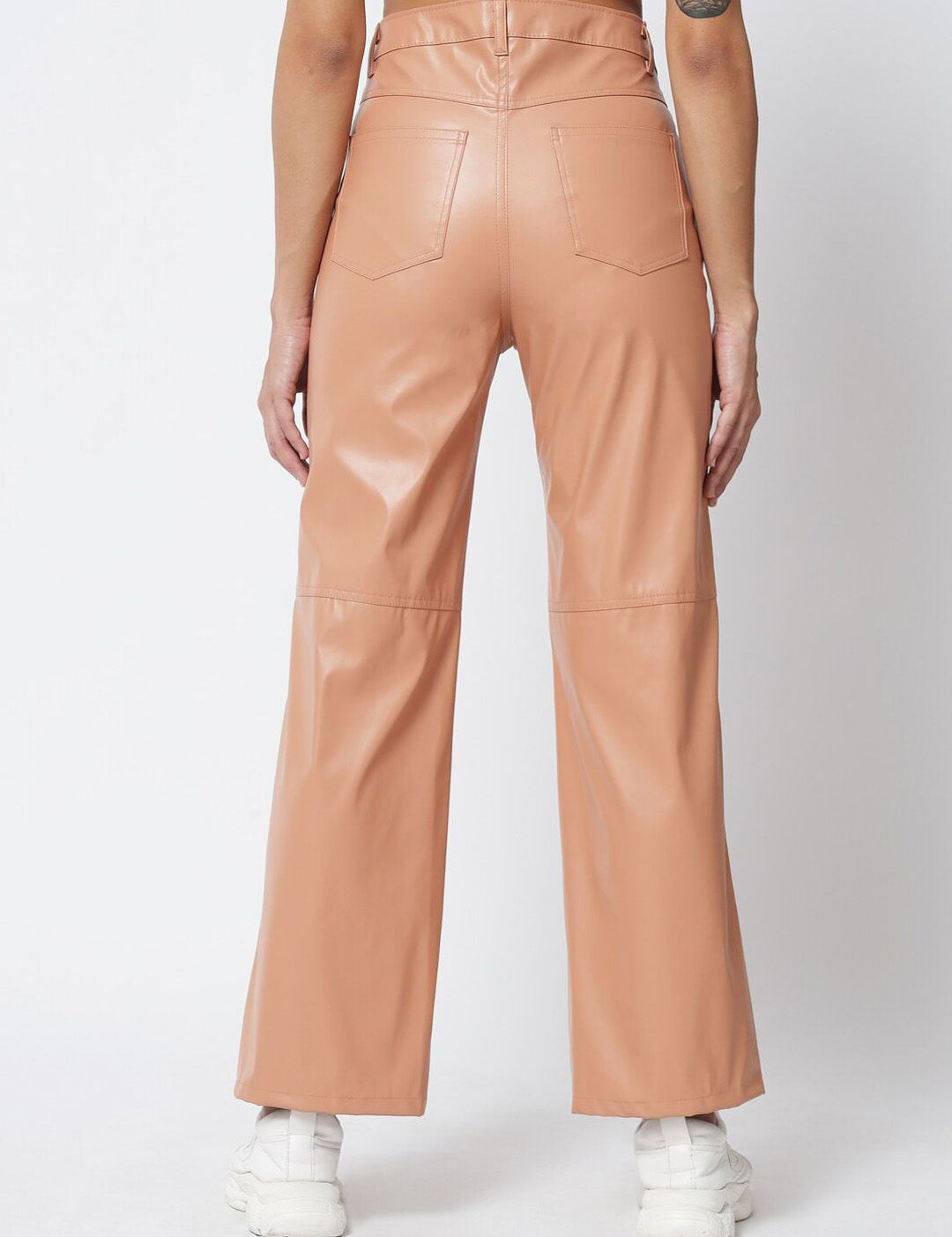 Kotty Women Beige Relaxed Straight Fit PU Leather Parallel Trousers