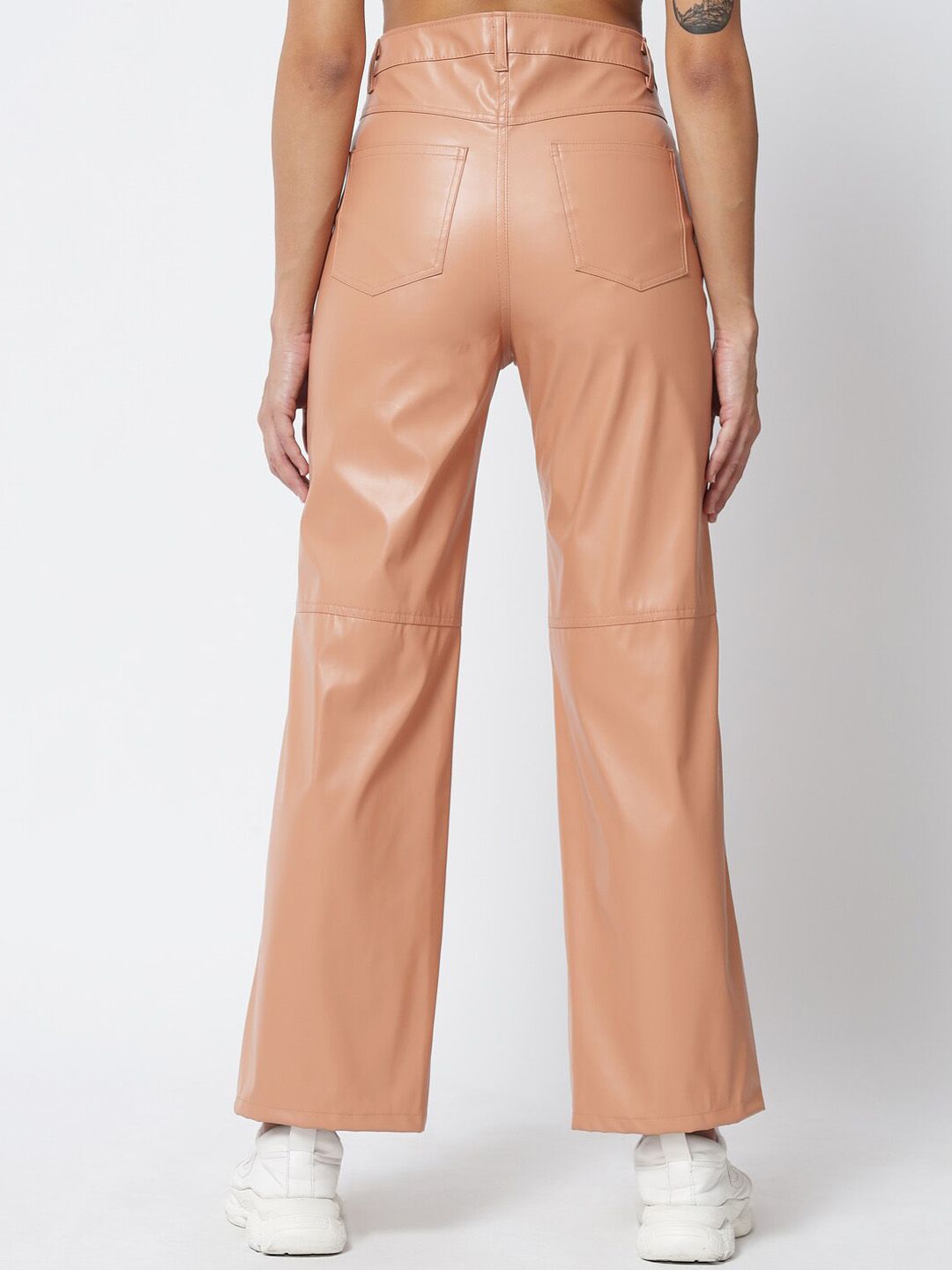 Kotty Women Beige Relaxed Straight Fit PU Leather Parallel Trousers