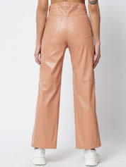 Kotty Women Beige Relaxed Straight Fit PU Leather Parallel Trousers