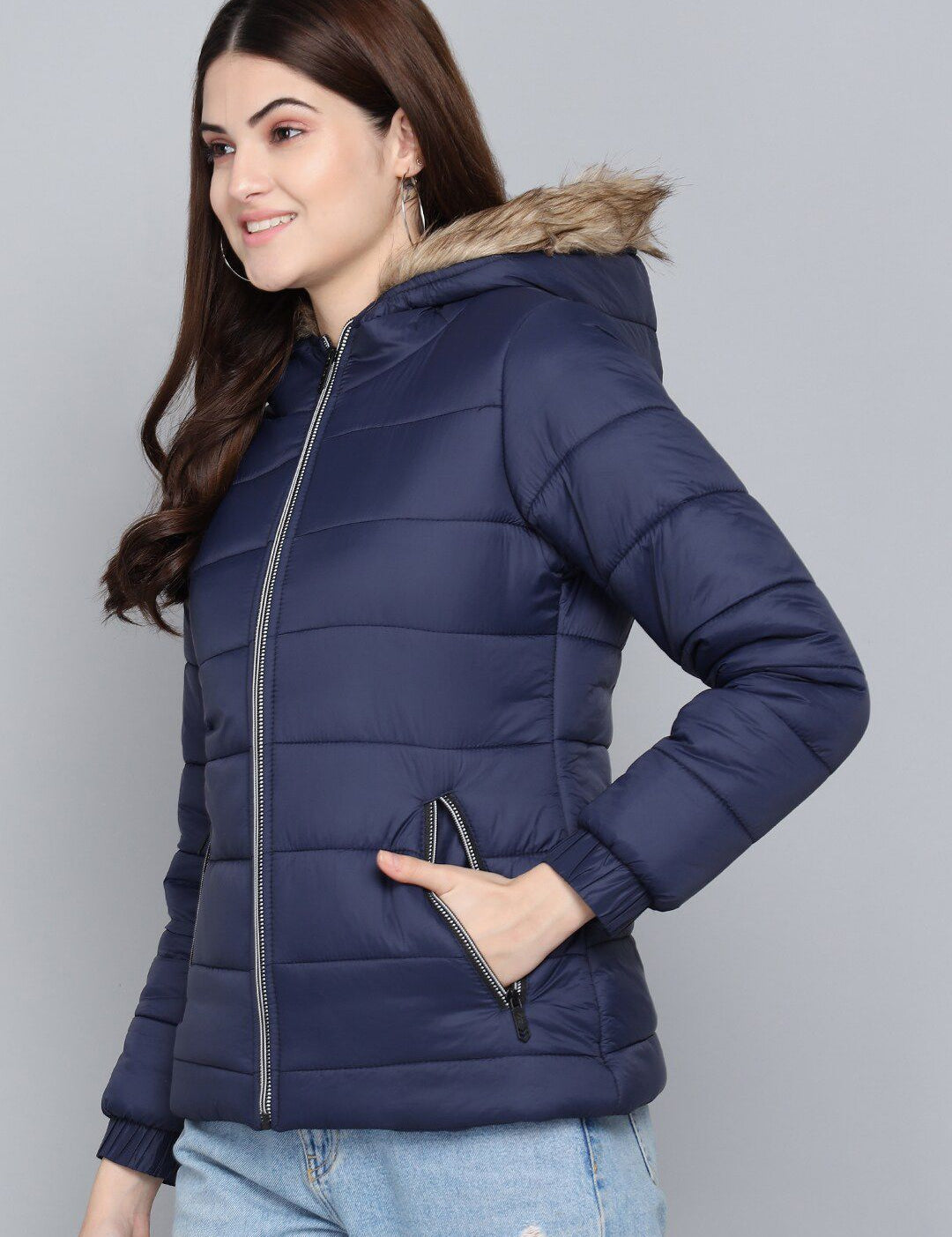Kotty Women Blue Outdoor Hooded Faux Fur Puffer Jacket