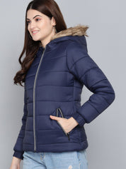 Kotty Women Blue Outdoor Hooded Faux Fur Puffer Jacket