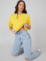 Kotty Round Neck Drop-Shoulder Sleeves Oversized Crop T-shirt 