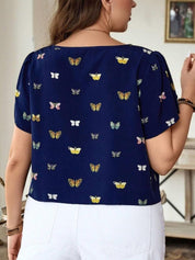 KOTTY Women Butterfly Print Boat Neck Puff Sleeves Tie-Up Top