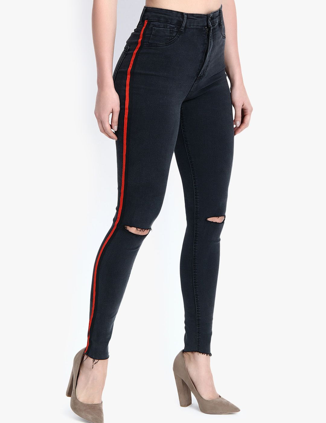 Kotty Women Black Skinny Fit High-Rise Slash Knee Stretchable Jeans