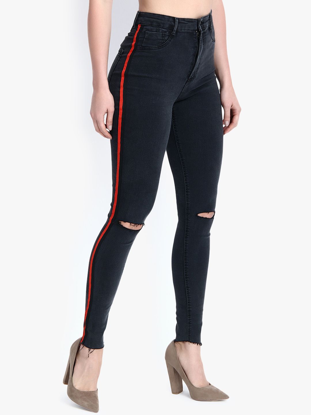 Kotty Women Black Skinny Fit High-Rise Slash Knee Stretchable Jeans