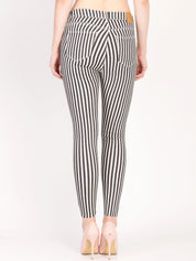 Kotty Women White & Black Skinny Fit High-Rise Slash Knee Striped Jeans