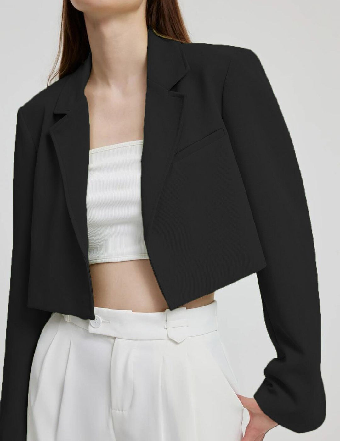 Kotty Black Crop Notched Lapel Collar Regular Fit Blazer