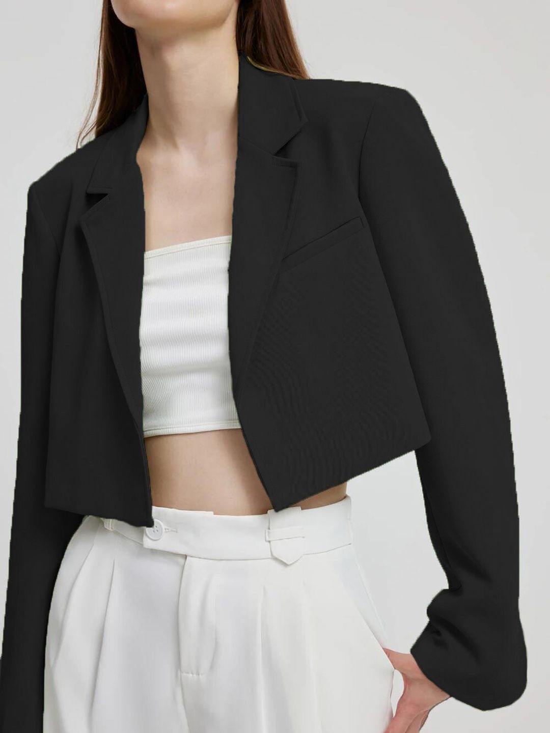 Kotty Black Crop Notched Lapel Collar Regular Fit Blazer