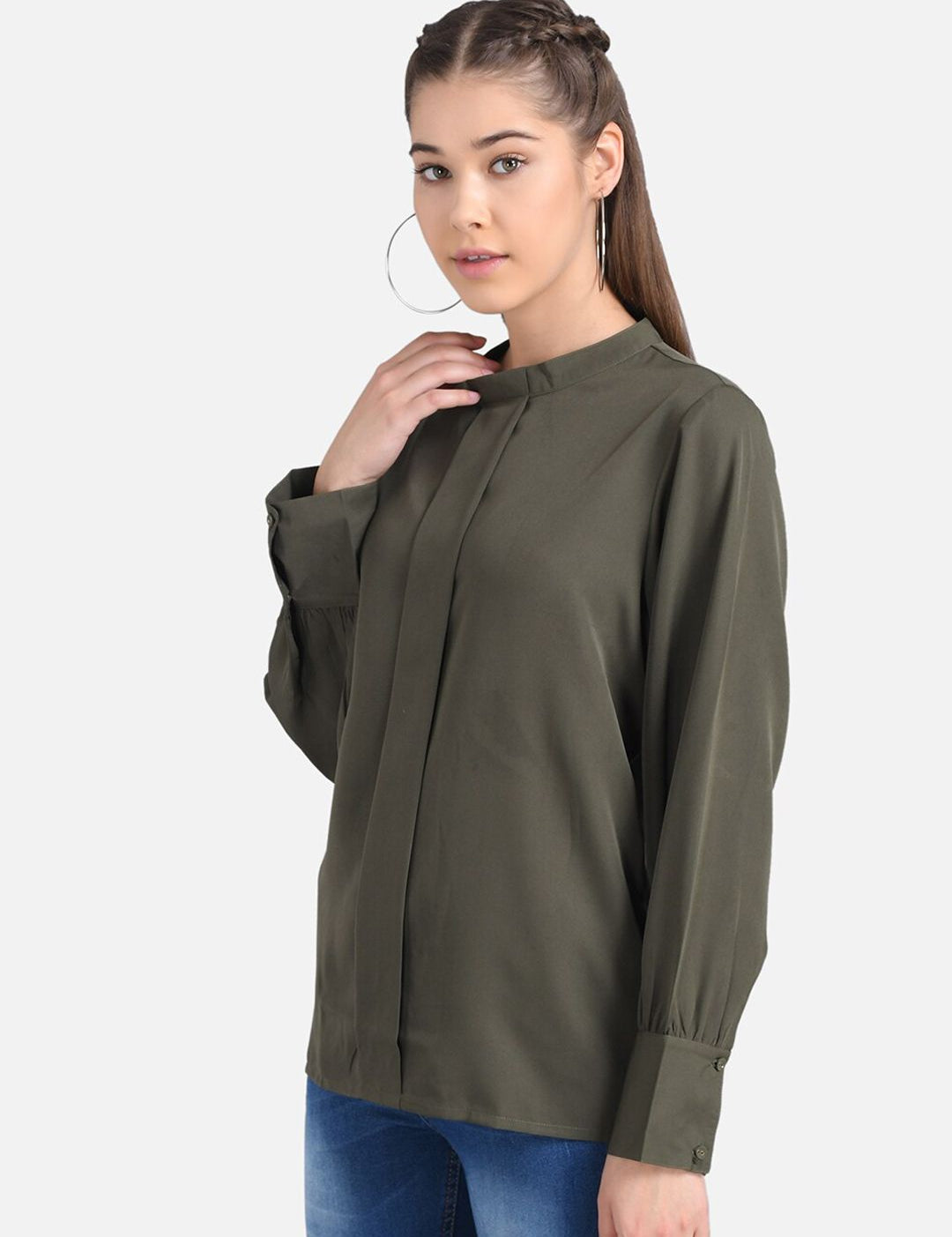 Kotty Women Olive Green Solid Shirt Style Pure Cotton Top