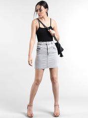 Kotty Women Grey Solid Denim Straight Mini Skirt