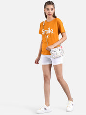 Kotty Women Orange & White Printed Round Neck T-shirt
