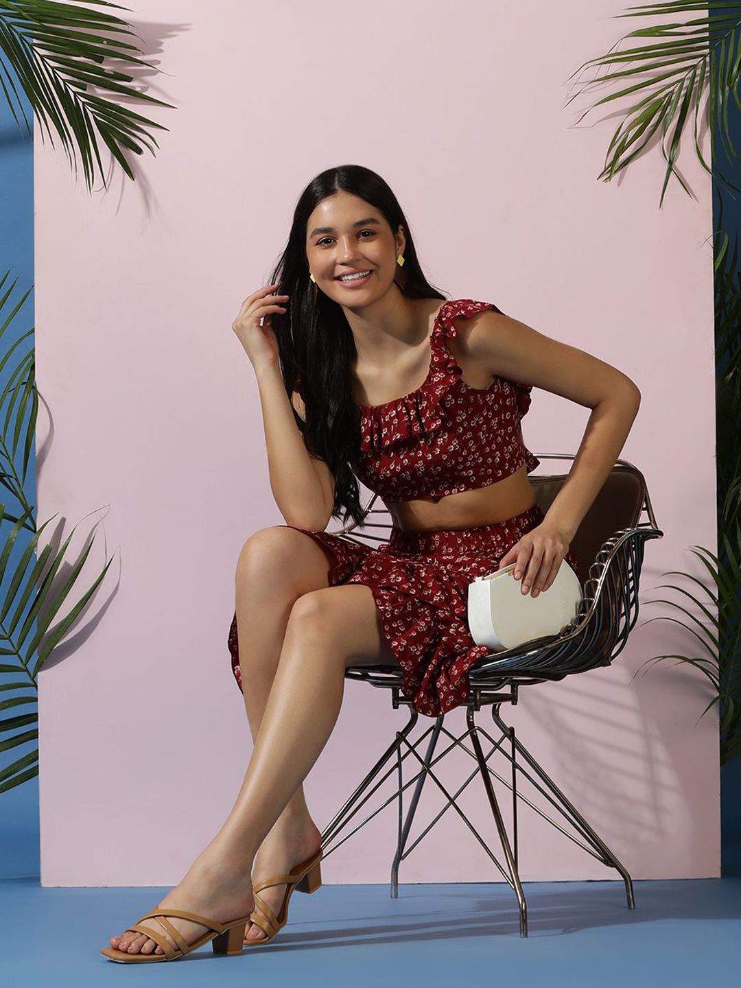 Kotty Maroon Floral Printed Sleeveless Top With Skirt