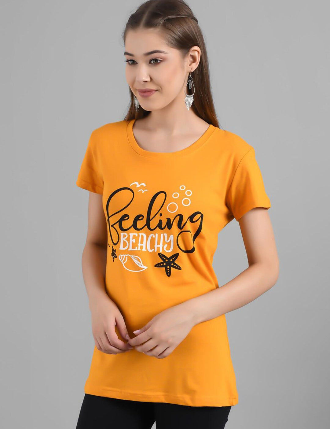 Kotty Women Yellow Printed Round Neck Longline T-shirt