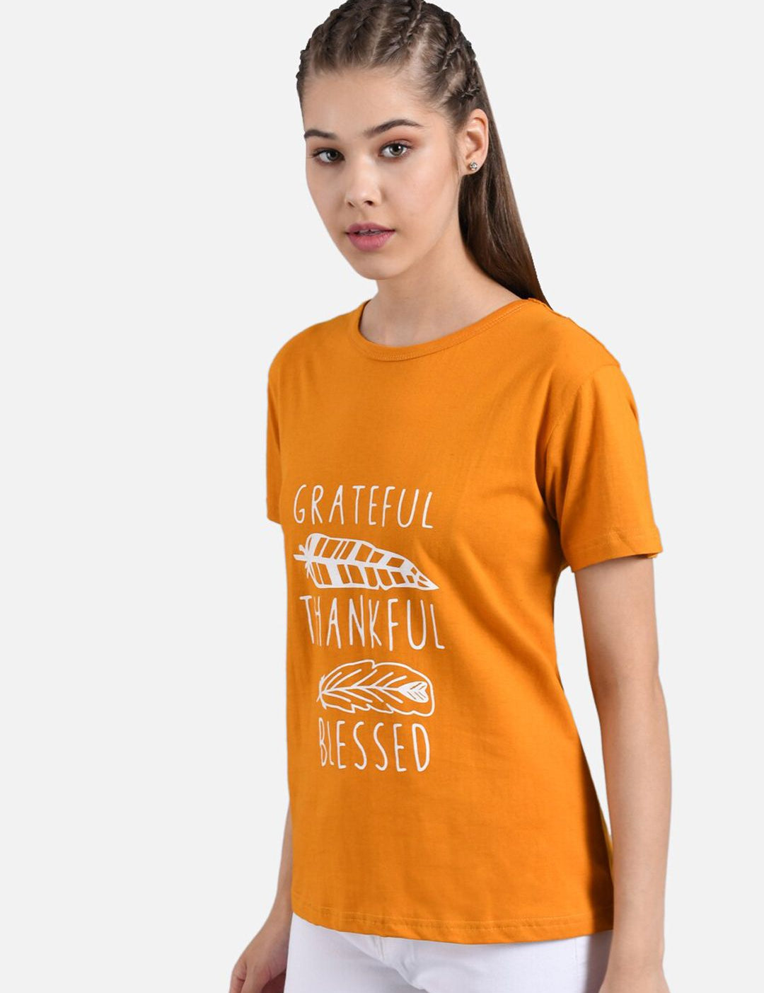 Kotty Women Orange Printed Round Neck T-shirt