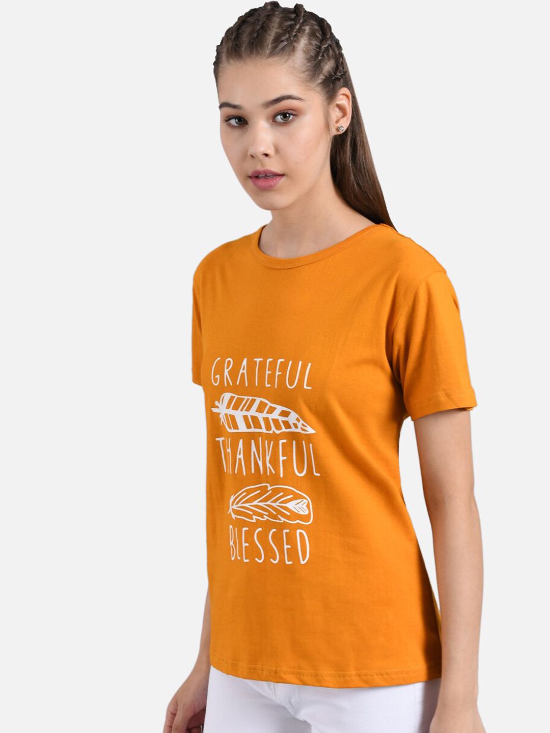Kotty Women Orange Printed Round Neck T-shirt