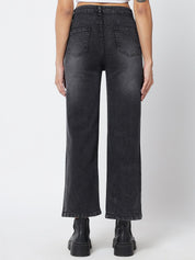 Kotty Women Black Jean Straight Fit Slash Knee Light Fade Stretchable Jeans