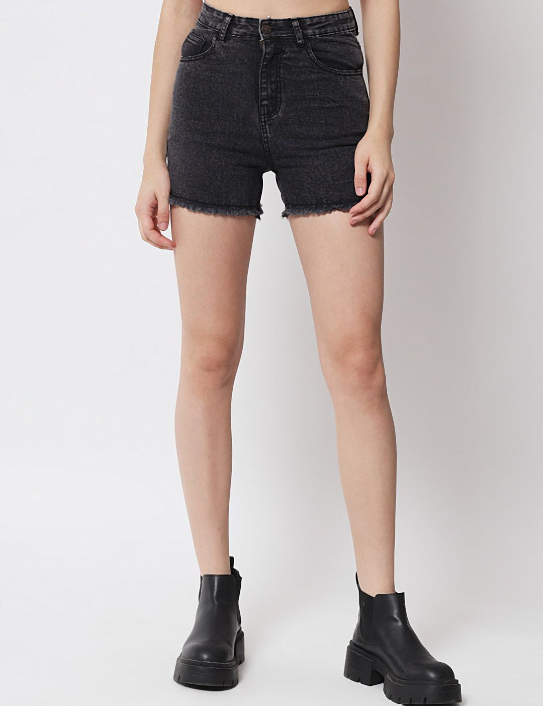 Kotty Women Black Washed High-Rise Denim Shorts