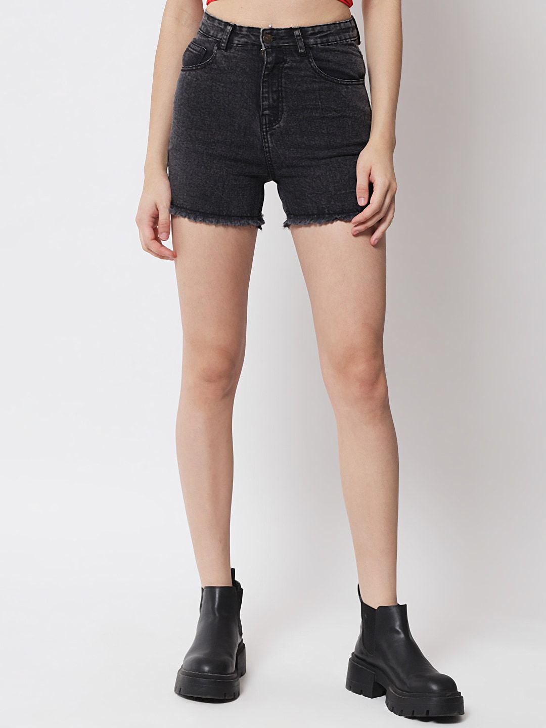Kotty Women Black Washed High-Rise Denim Shorts