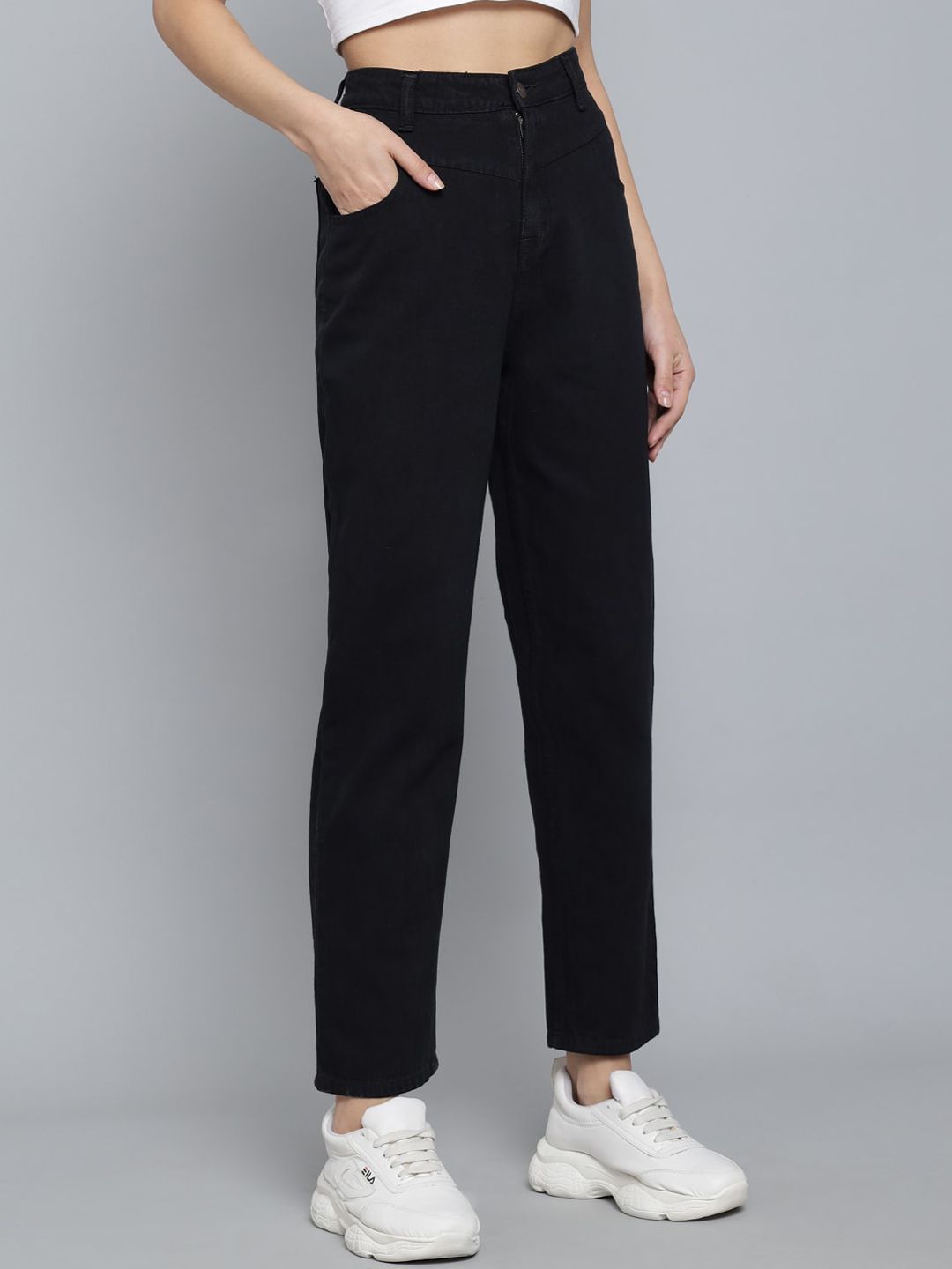 Kotty Women Black Jean Boyfriend Fit Crop High-Rise Jeans