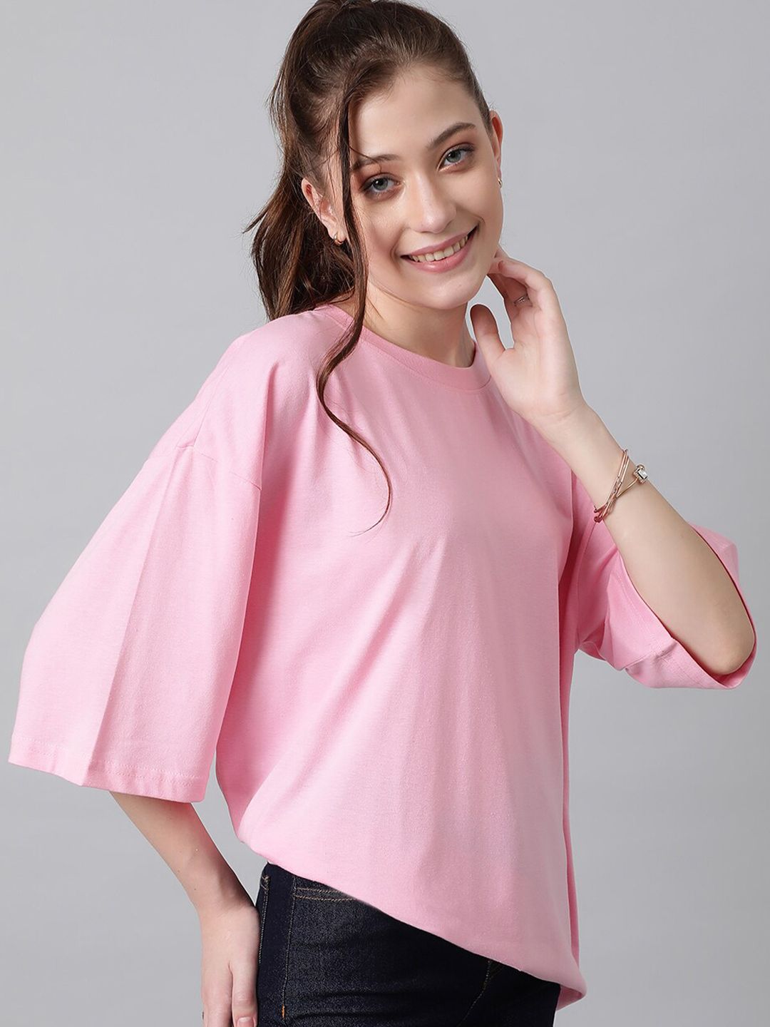KOTTY Basics Pink Round Neck Oversized T-shirt