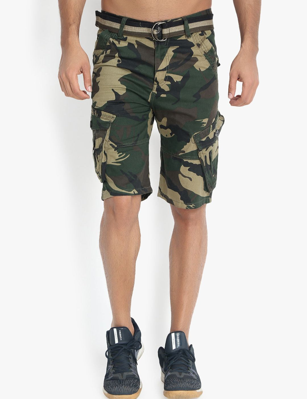 Kotty Men Olive Green & Beige Printed Regular Fit Cargo Shorts