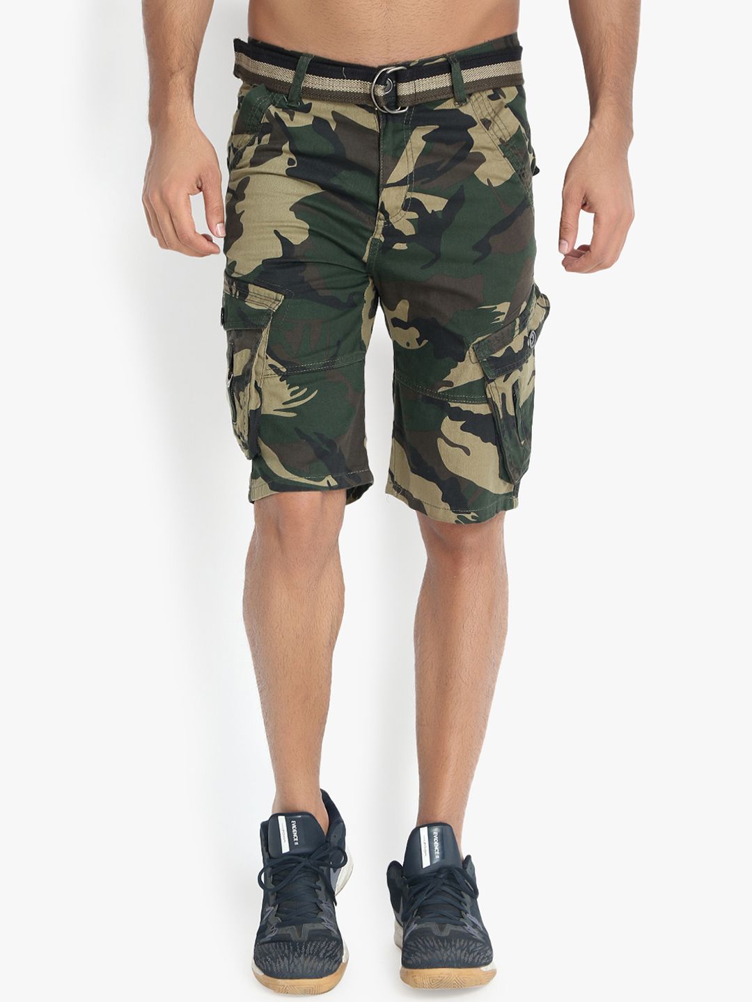 Kotty Men Olive Green & Beige Printed Regular Fit Cargo Shorts