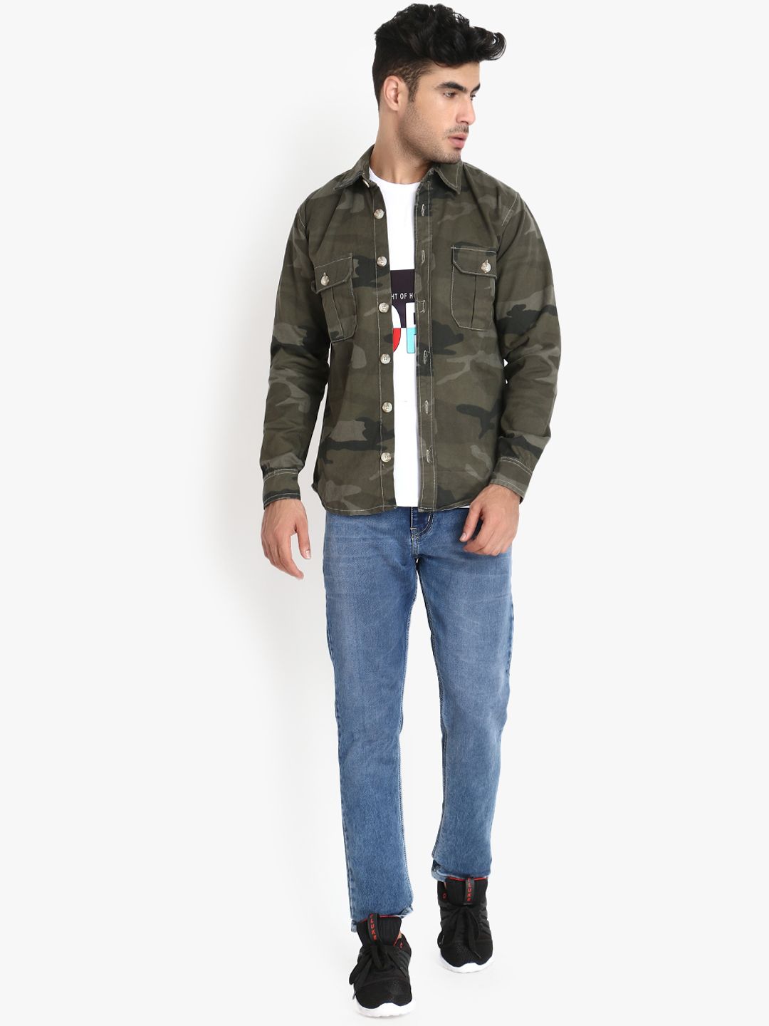 Kotty Men Olive Green Camouflage Printed Jacket