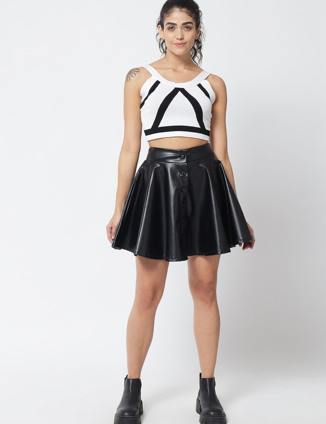 Kotty Women Black Solid Leather Flared Mini Skirt