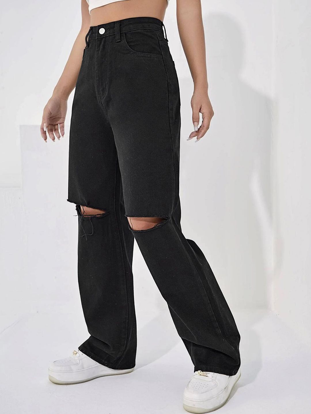 Kotty Women Straight Fit High-Rise Slash Knee Stretchable Jeans