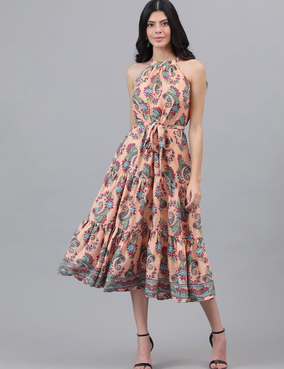 Kotty Orange and Maroon Paisley Printed Choker Neck Tiered Fit & Flare Midi Dress