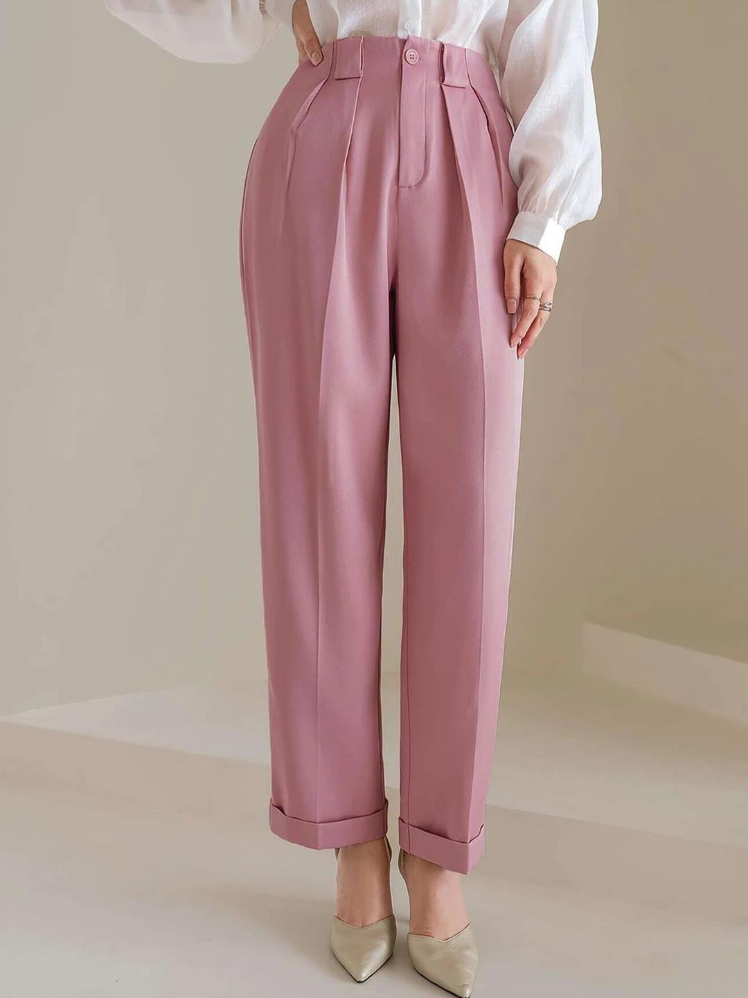 Kotty Women Pink Relaxed Straight Leg Straight Fit High-Rise Trousers