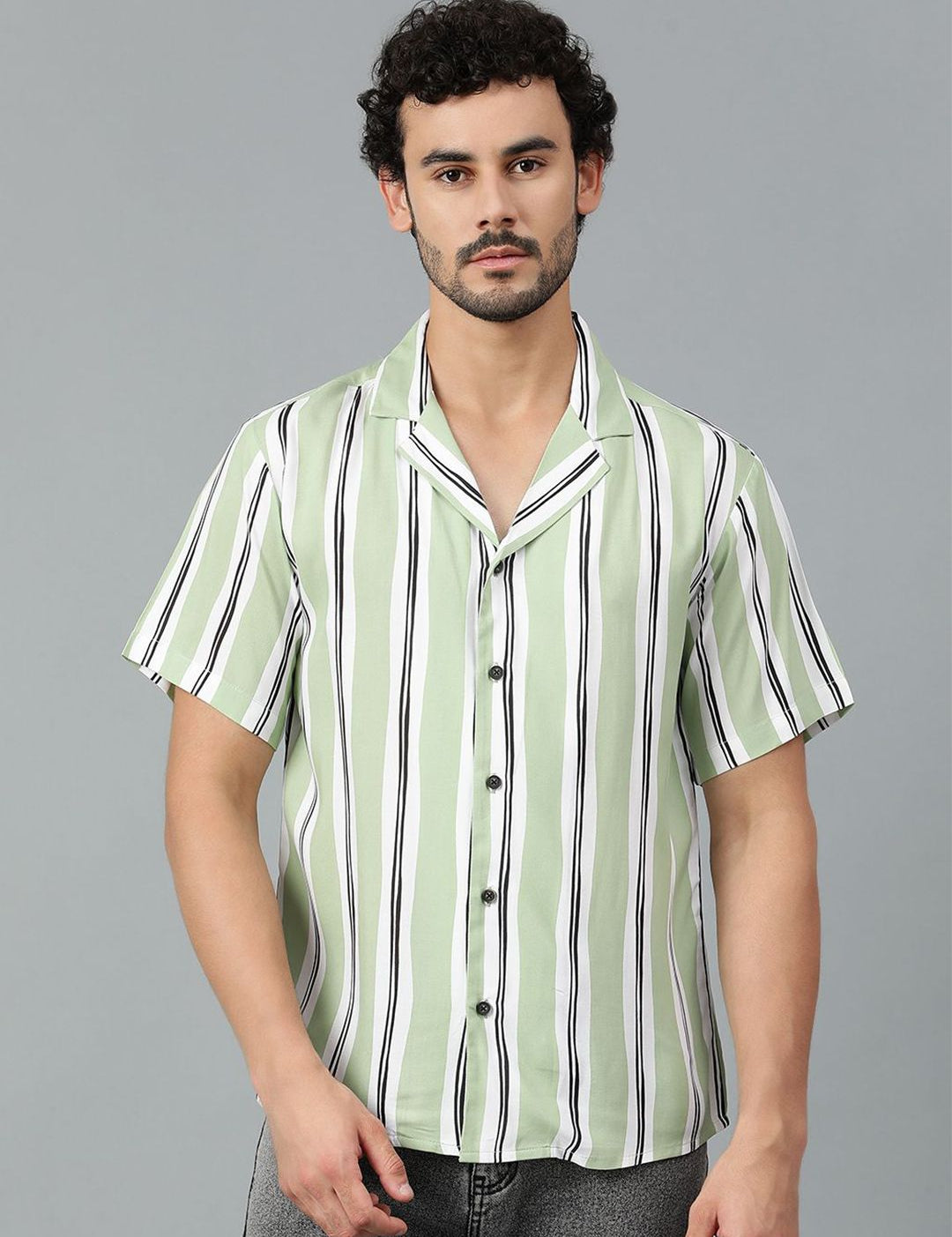 Kotty Men Cuban Collar Striped Casual Shirt