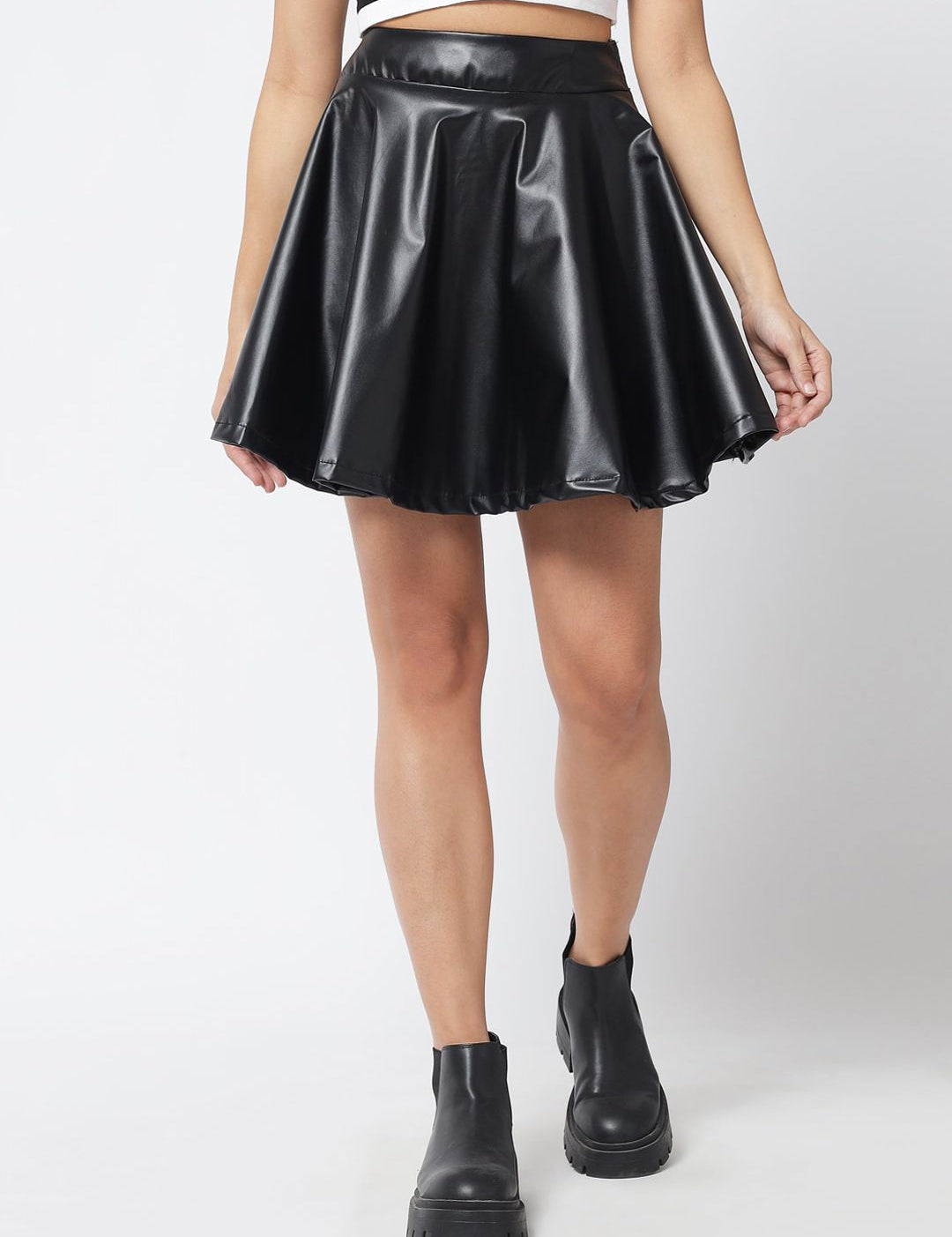 Kotty Women Black Solid Flared Faux Leather Mini Skirt