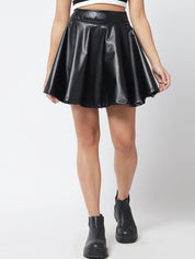 Kotty Women Black Solid Flared Faux Leather Mini Skirt