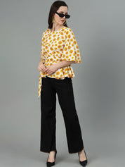 Kotty Floral Print Flared Sleeve Crepe Cinched Waist Top