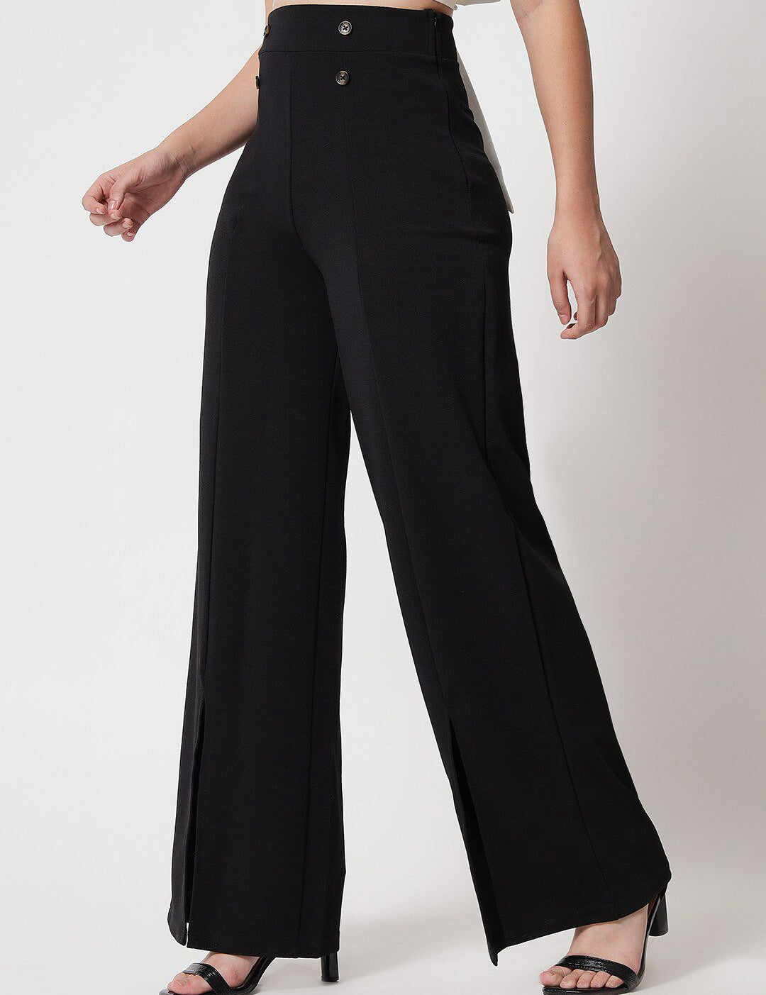 Kotty Women Black Relaxed Straight Fit High-Rise Easy Wash Trousers