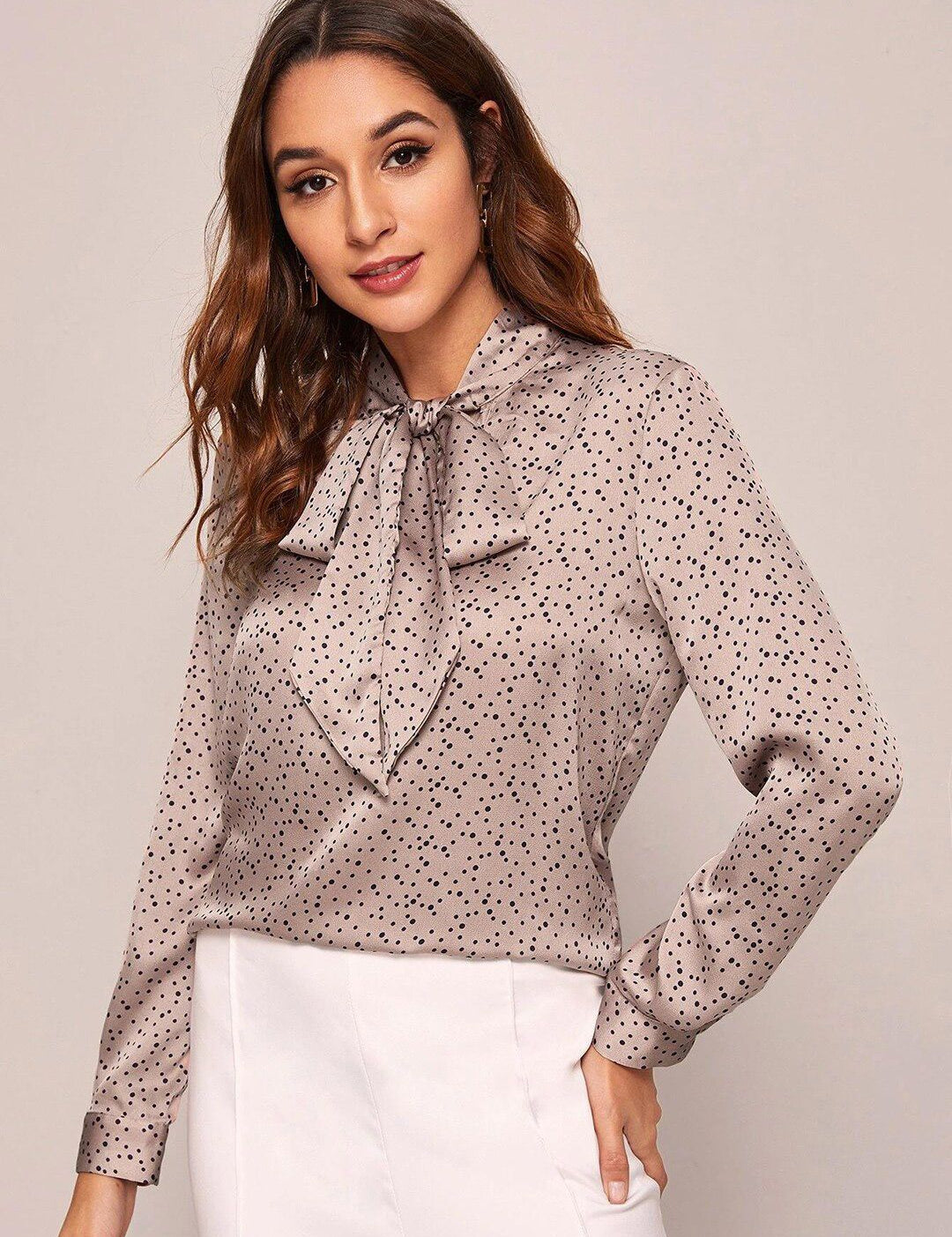 Kotty Pink Polka Dots Print Tie-Up Neck Satin Shirt Style Top