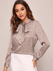 Kotty Pink Polka Dots Print Tie-Up Neck Satin Shirt Style Top