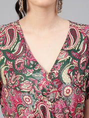 Kotty Green & Pink Ethnic Motifs Printed V-Neck Crepe Fit & Flare Dress