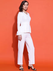 Kotty White V-Neck Long Sleeves Top With Trousers