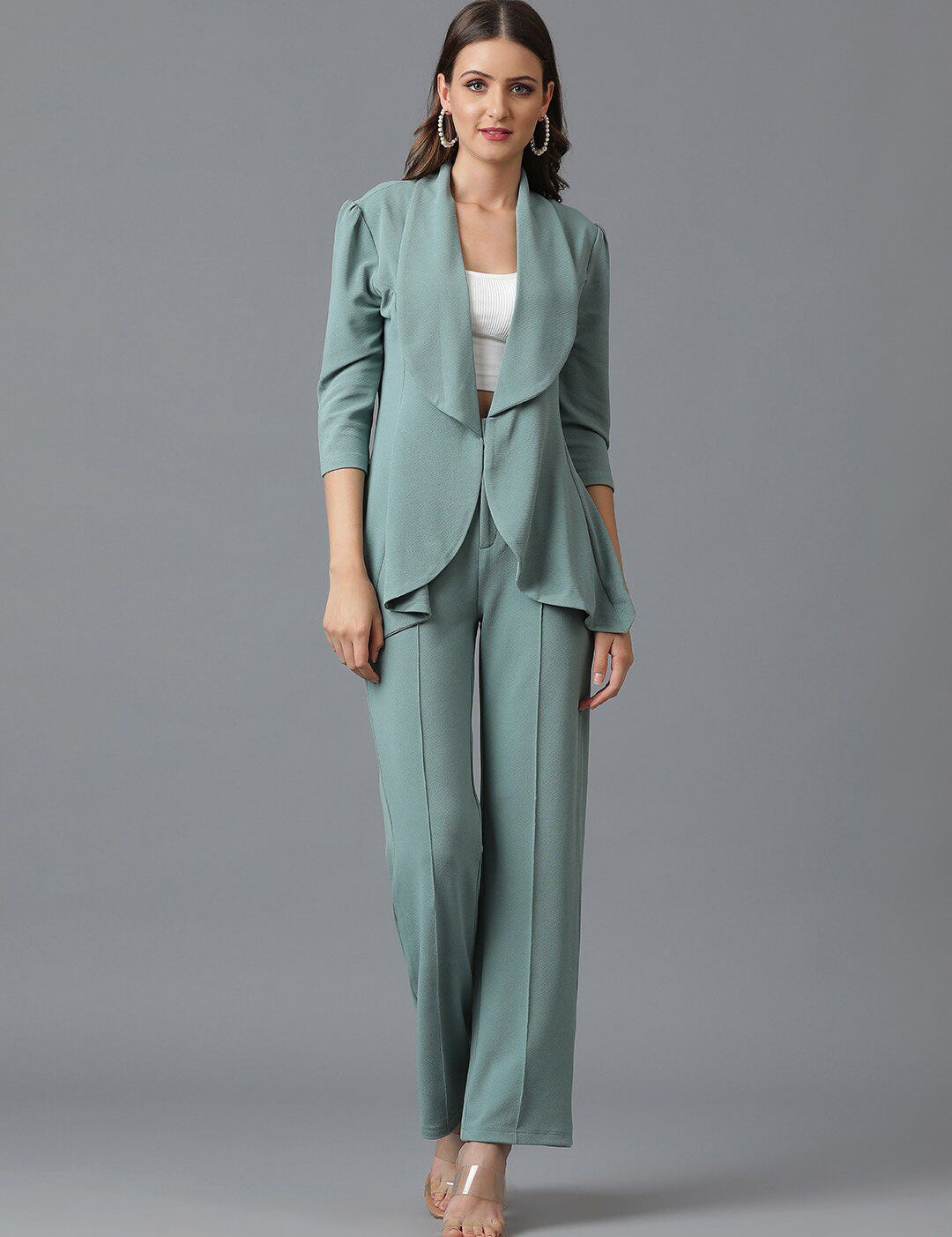 KOTTY BIZwear Sea Green Shawl Neck Coat With Trousers